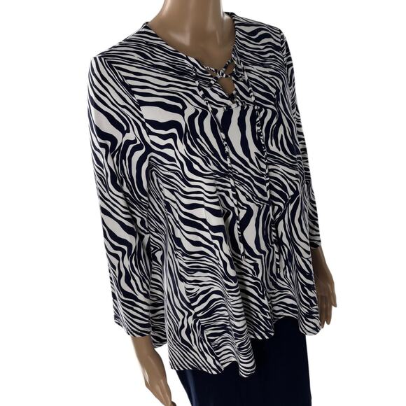 Jude Connally Lace Up Tie Neck Blue Zebra Striped White Top - Picture 4 of 8